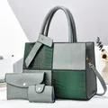 Three-piece women's tote bag set in grey and dark green patchwork with crocodile pattern - Tote Clutch and Card Holder / Green