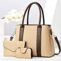 Three-piece beige and brown faux leather tote bag set with matching clutch and card holder - Khaki