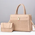Ensemble sac à main deux pièces pour femme avec texture tissée et pochette beige - Sac fourre-tout et sac à chaîne / Khaki