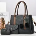 Set di 3 borse da donna con trama intrecciata, borsa a mano e pochette in marron scuro - Tote E Busta E Portafoglio Combo / Nero