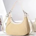 Beige woven crescent hobo bag with adjustable leather strap and silver metal hardware - Off White