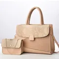 Detalle del conjunto de bolso beige con solapa de piel de serpiente y cadena dorada - 30x13x23cm / Bolso tote y bolso con cadena / Caqui