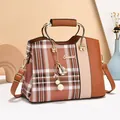 Plaid contrast color handbag for women with gold metal handles and pearl charm pendant - Khaki/Earth Yellow