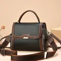Elegant black lychee textured handbag with brown accents and striped wide strap - Small / Black