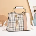 Plaid patchwork handbag for women with gold metal handle and tassel pearl charm - Off-white