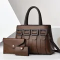 Three-piece brown faux leather tote set with crossbody pouch and card holder for women - Coffee
