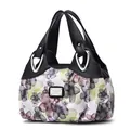Bolso de mano para mujer con estampado de flores violetas y asas de cuero negro - Negro / Flor Verde