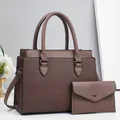 Brown PU leather handbag set with textured tote, envelope pouch and shoulder strap - Coffee