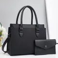 Black two-piece tote bag set with pleated texture and silver hardware accents - Black