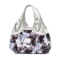 Bolso de mano de cuero suave con estampado de flores moradas y asas blancas - Blanco / Flor Púrpura