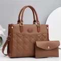 Ensemble sac cabas et pochette en cuir marron avec surpiqûres et finitions dorées - 28x11x22cm (Poignée 13cm) / Khaki Foncé