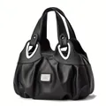 Bolso de mano clásico de cuero negro para mujer con detalles plateados y gran capacidad - Negro / Negro