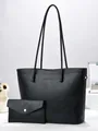 Black leaf-textured tote bag set with matching wallet and thin shoulder straps - Letter Black