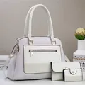Three-piece set of white faux crocodile leather tote bags with elegant gold hardware - White