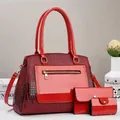 Three-piece red crocodile pattern tote bag set with matching wallet and card holder - Red