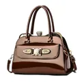 Coffee brown patent leather handbag with rhinestone buckle and gold frame details - Coffee