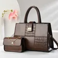 Brown crocodile embossed tote and chain flap bag set with luxury gold hardware accents - Coffee