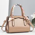 Elegant nude pink embossed patent leather handbag with decorative scarf and shoulder strap - Geometric Pattern (-8#) / Khaki