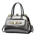 Metallic grey glossy faux leather handbag with rhinestone buckle and gold filigree plate - Gray