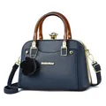 Dark blue litchi pattern shell bag with resin handles and a 3D rose pendant - Dark Blue