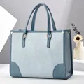 Large capacity blue-grey tote bag with geometric leather patchwork for daily commute - Sky Blue