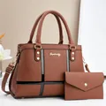 Brown textured leather tote bag set with black patent trim and gold metal logo - 31x13x22cm / Earthy Yellow