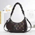 Brown monogram crescent underarm bag with pleated handle and small round coin purse - Coffee
