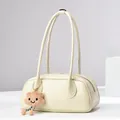 Creamy leather Boston shoulder bag with long handles and cute cloud plush charm - Off White / 31*9*13