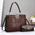 Brown crocodile pattern tote bag with letter B buckle and matching envelope pouch - Coffee