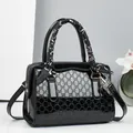 Black glossy embossed handbag with silk scarf handle and golden hardware finish - GD Letter Pattern (-7#) / Black