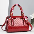 Red embossed patent leather handbag with GD pattern and silk scarf handle accent - GD Letter Pattern (-7#) / Red