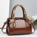Dark brown patent leather handbag with GD embossed pattern and silk scarf handle - GD Letter Pattern (-7#) / Brown