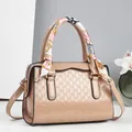 Beige embossed faux leather handbag with silk scarf handle and top zip closure - GD Letter Pattern (-7#) / Khaki