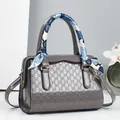 Grey embossed leather handbag with silk scarf handle and adjustable shoulder strap - GD Letter Pattern (-7#) / Gray