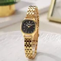 Detail of the golden octagonal watch case with black dial and polished link bracelet - Gold Band Black Dial