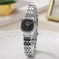 Close-up of elegant silver steel watch with minimalist oval black dial and metal band - Silver Strap Black Dial