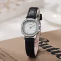 Orologio al quarzo ottagonale argento con lunetta diamantata e cinturino in pelle nera - Cinturino Nero Cassa Argentata Quadrante Bianco