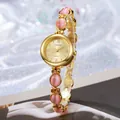 Reloj de cuarzo dorado elegante para mujer con brazalete de piedra ojo de gato rosa retro - Rosa