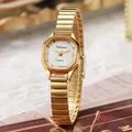 Elegant women's gold bathtub-shaped watch with bamboo-style steel band and crystal markers - Polygon Style-Gold Band White Dial