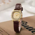 Orologio da donna vintage con cassa ottagonale in oro con diamanti e cinturino in pelle - Cinturino Marrone Cassa Oro Quadrante Oro