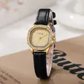 Orologio al quarzo ottagonale dorato da donna con castone di diamanti e cinturino in pelle nera - Cinturino Nero Cassa Oro Quadrante Oro