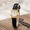 Elegant dameshorloge met gouden kast, witte wijzerplaat en een zwarte leren horlogeband - Zwarte Band Gouden Kast Witte Wijzerplaat