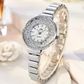 Silver ladies quartz watch with quicksand rhinestone dial and polished link bracelet - Silver Band White Dial