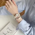 Fashion women's watch set with octagonal dial, white leather strap and daisy bracelet - White