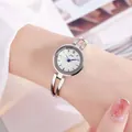 Elegant silver bracelet watch with white dial and blue hands for minimalist women's style - Silver