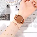 Orologio quadrato in oro rosa con cinturino in pelle marrone e bracciale - Cinturino Caffè Quadrante Caffè