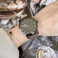 Chic multi-function watch with olive green dial, brown leather strap and gold bracelet - Coffee