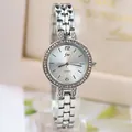 Elegant women's silver quartz watch with a sparkling rhinestone bezel and link strap - Silver Band White Dial