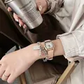 Roségouden tonneau-horloge met beige lederen band en zilveren kettingarmband set - Roze