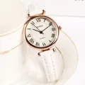 Elegant women's quartz watch with white Roman dial and rose gold case on leather strap - White